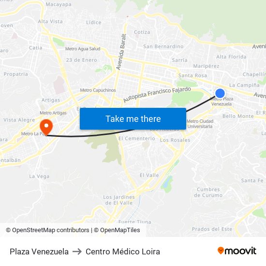 Plaza Venezuela to Centro Médico Loira map