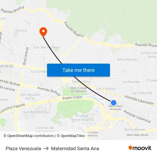 Plaza Venezuela to Maternidad Santa Ana map
