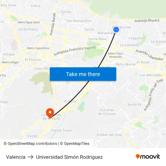 Valencia to Universidad Simón Rodriguez map