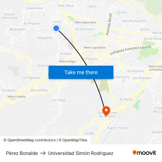 Pérez Bonalde to Universidad Simón Rodriguez map