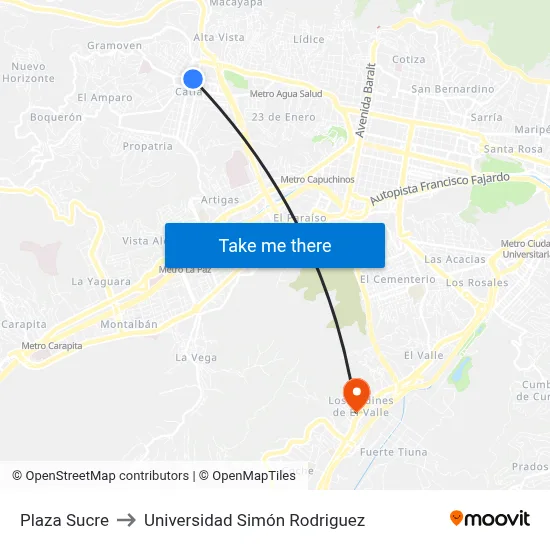 Plaza Sucre to Universidad Simón Rodriguez map
