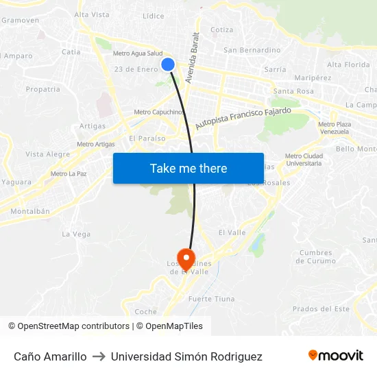 Caño Amarillo to Universidad Simón Rodriguez map