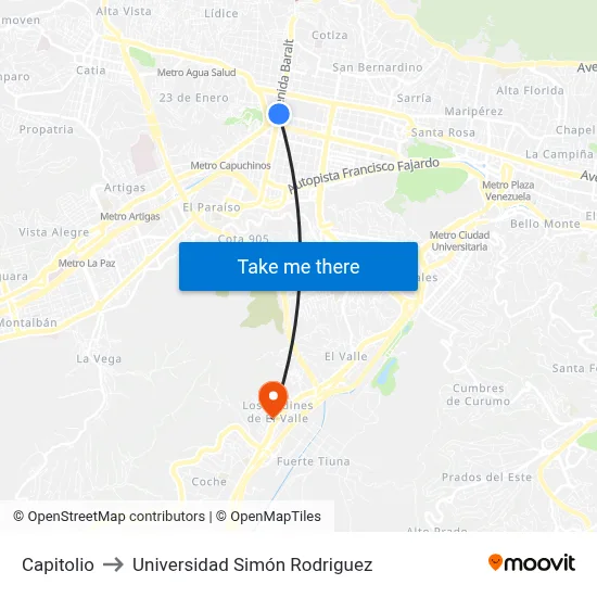 Capitolio to Universidad Simón Rodriguez map