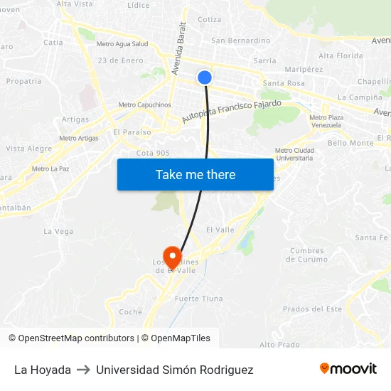 La Hoyada to Universidad Simón Rodriguez map