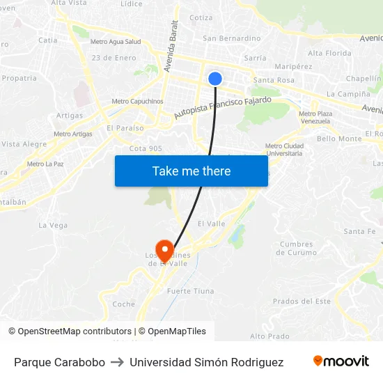 Parque Carabobo to Universidad Simón Rodriguez map