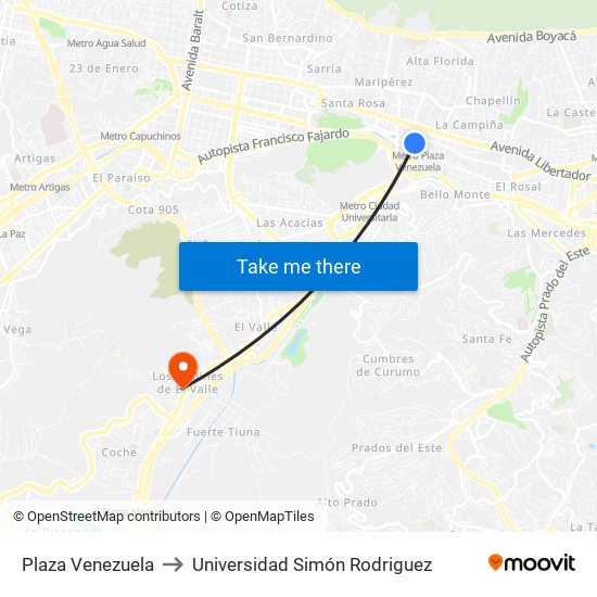 Plaza Venezuela to Universidad Simón Rodriguez map