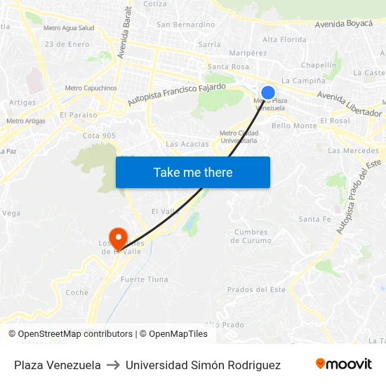Plaza Venezuela to Universidad Simón Rodriguez map
