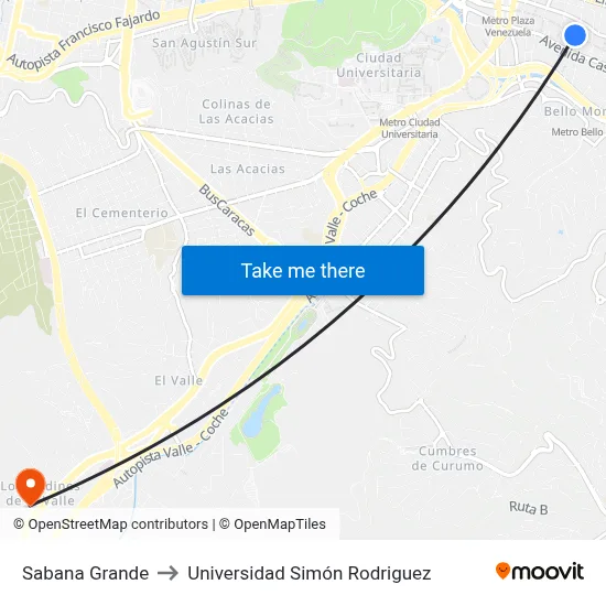 Sabana Grande to Universidad Simón Rodriguez map