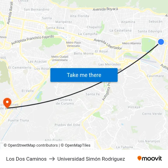 Los Dos Caminos to Universidad Simón Rodriguez map