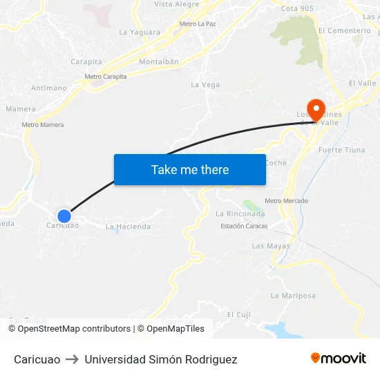 Caricuao to Universidad Simón Rodriguez map