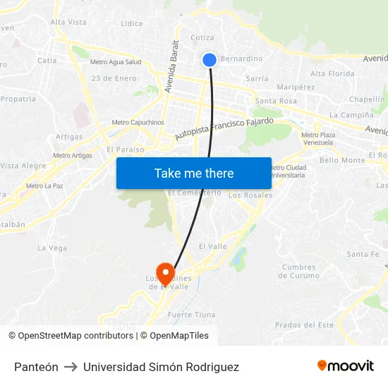 Panteón to Universidad Simón Rodriguez map