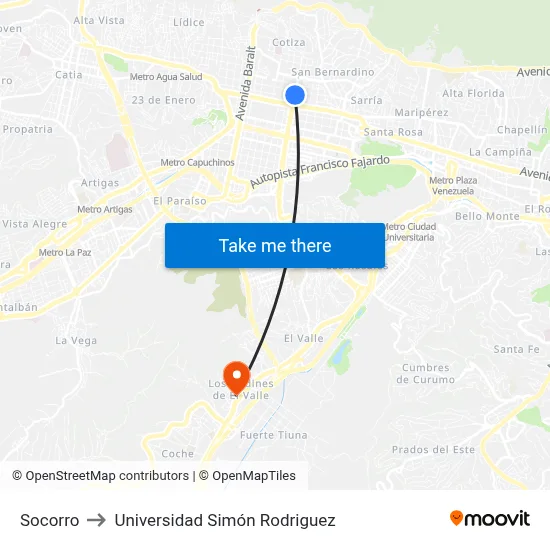 Socorro to Universidad Simón Rodriguez map
