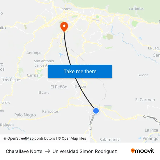Charallave Norte to Universidad Simón Rodriguez map
