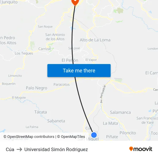 Cúa to Universidad Simón Rodriguez map