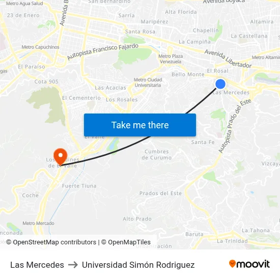 Las Mercedes to Universidad Simón Rodriguez map