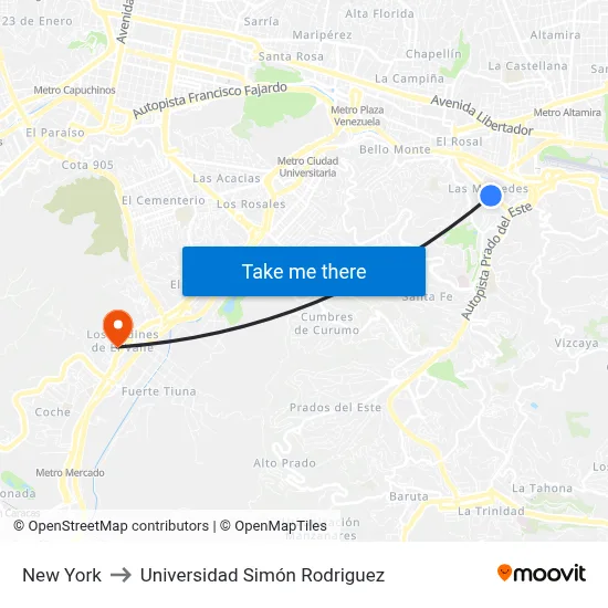 New York to Universidad Simón Rodriguez map