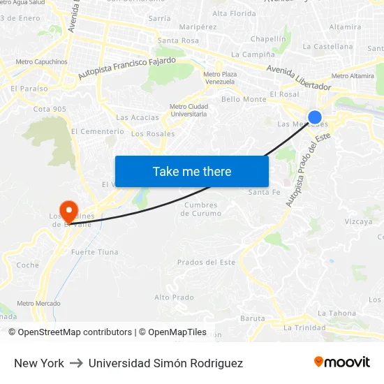New York to Universidad Simón Rodriguez map