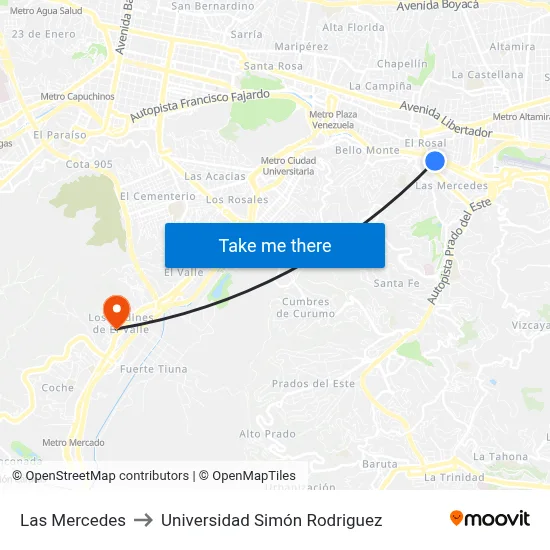 Las Mercedes to Universidad Simón Rodriguez map