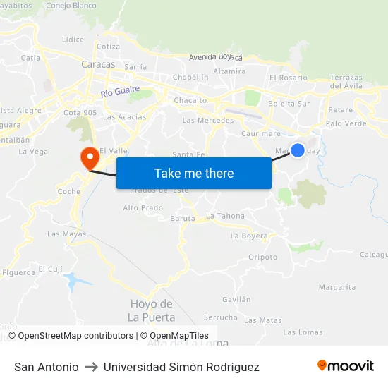 San Antonio to Universidad Simón Rodriguez map
