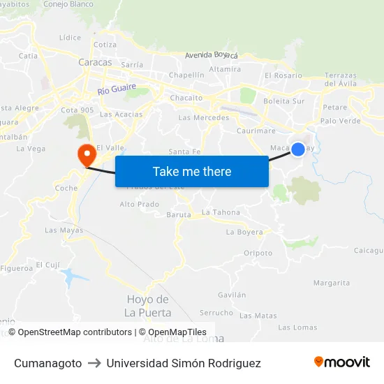 Cumanagoto to Universidad Simón Rodriguez map