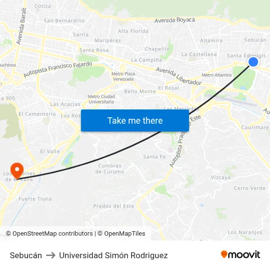Sebucán to Universidad Simón Rodriguez map