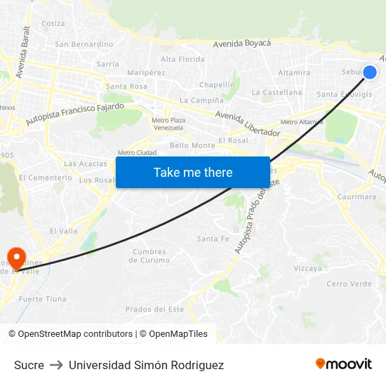 Sucre to Universidad Simón Rodriguez map