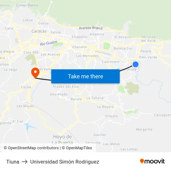 Tiuna to Universidad Simón Rodriguez map