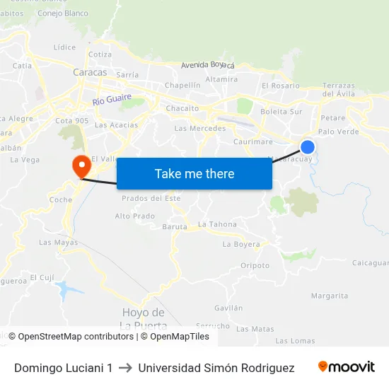 Domingo Luciani 1 to Universidad Simón Rodriguez map