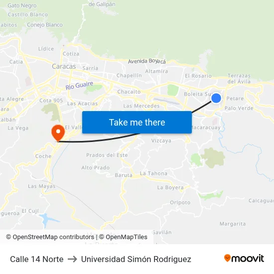 Calle 14 Norte to Universidad Simón Rodriguez map