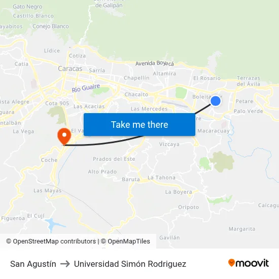 San Agustín to Universidad Simón Rodriguez map