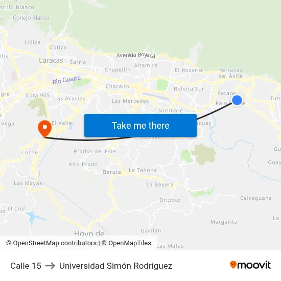 Calle 15 to Universidad Simón Rodriguez map