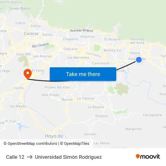 Calle 12 to Universidad Simón Rodriguez map