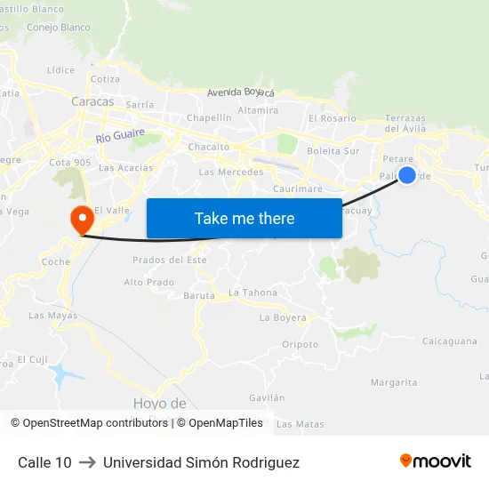 Calle 10 to Universidad Simón Rodriguez map