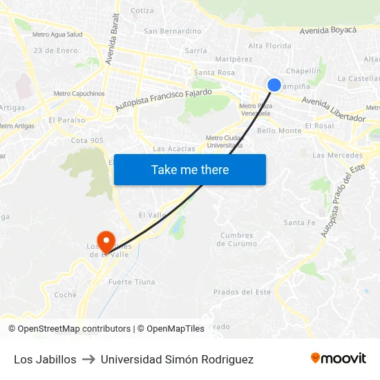 Los Jabillos to Universidad Simón Rodriguez map