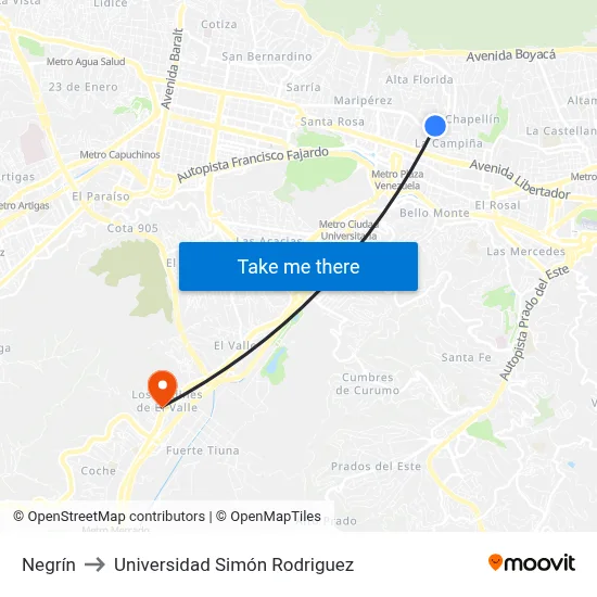 Negrín to Universidad Simón Rodriguez map