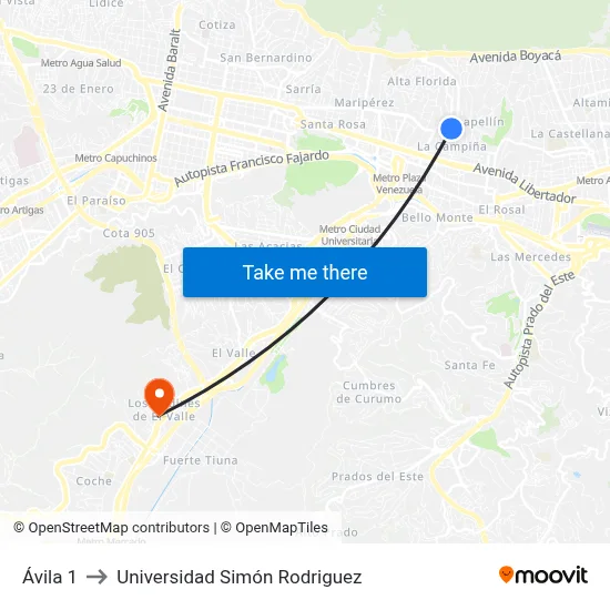 Ávila 1 to Universidad Simón Rodriguez map
