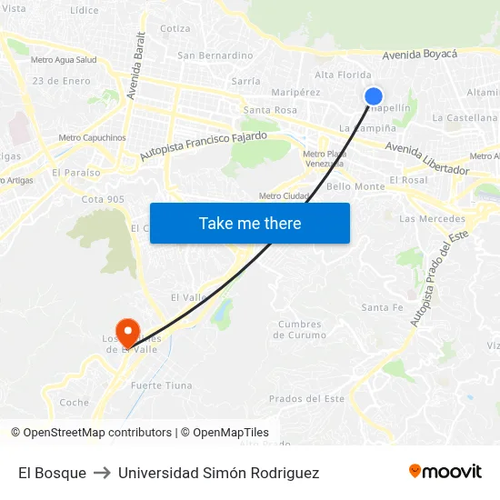 El Bosque to Universidad Simón Rodriguez map