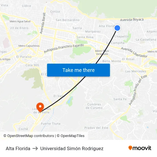 Alta Florida to Universidad Simón Rodriguez map