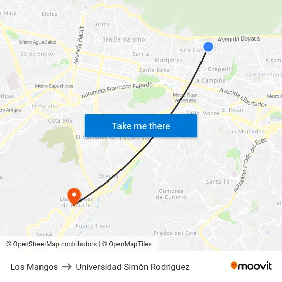 Los Mangos to Universidad Simón Rodriguez map