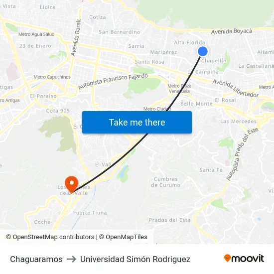 Chaguaramos to Universidad Simón Rodriguez map
