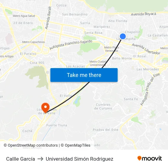Callle García to Universidad Simón Rodriguez map
