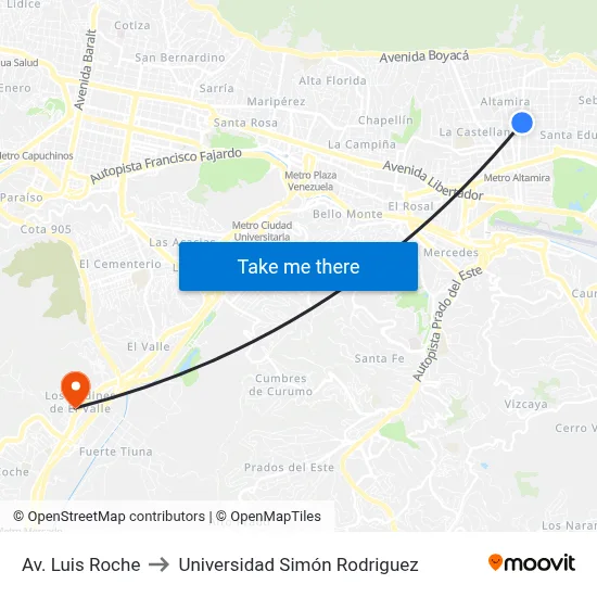 Av. Luis Roche to Universidad Simón Rodriguez map