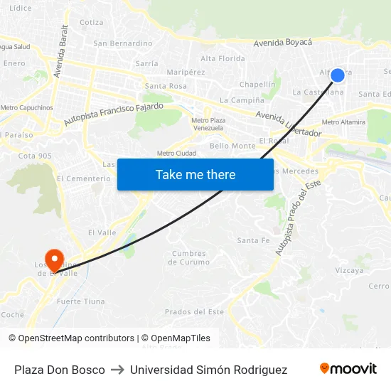 Plaza Don Bosco to Universidad Simón Rodriguez map
