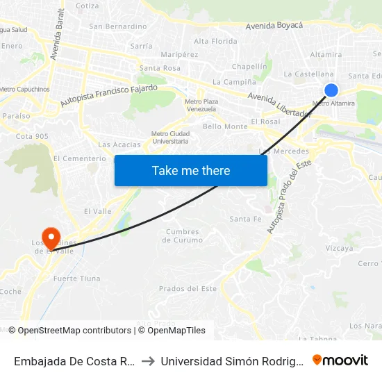 Embajada De Costa Rica to Universidad Simón Rodriguez map
