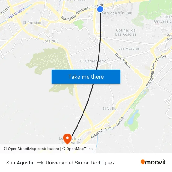 San Agustín to Universidad Simón Rodriguez map