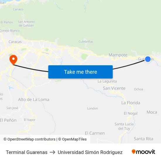 Terminal Guarenas to Universidad Simón Rodriguez map