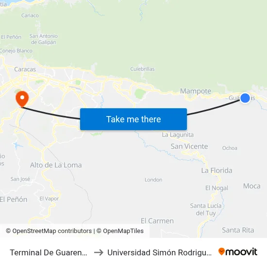 Terminal De Guarenas to Universidad Simón Rodriguez map