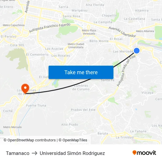 Tamanaco to Universidad Simón Rodriguez map