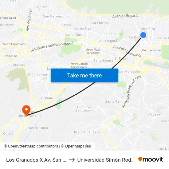 Los Granados X Av. San Felipe to Universidad Simón Rodriguez map