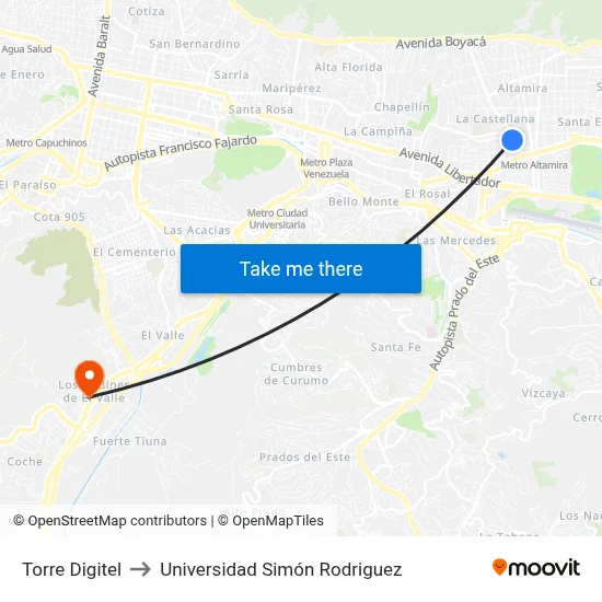 Torre Digitel to Universidad Simón Rodriguez map